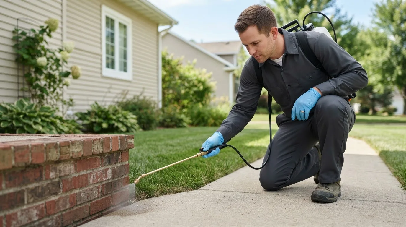 Pest control technician treating a home near Stanwood, IA