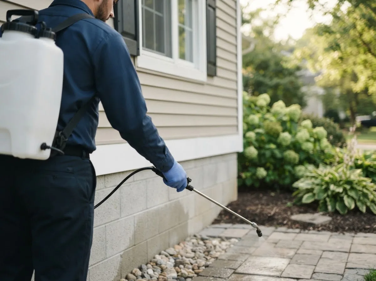 Pest control technician inspecting a home in Stanwood, IA